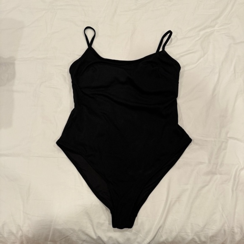 H&M Ribbed Black One Piece Swimsuit Bathing Suit - L